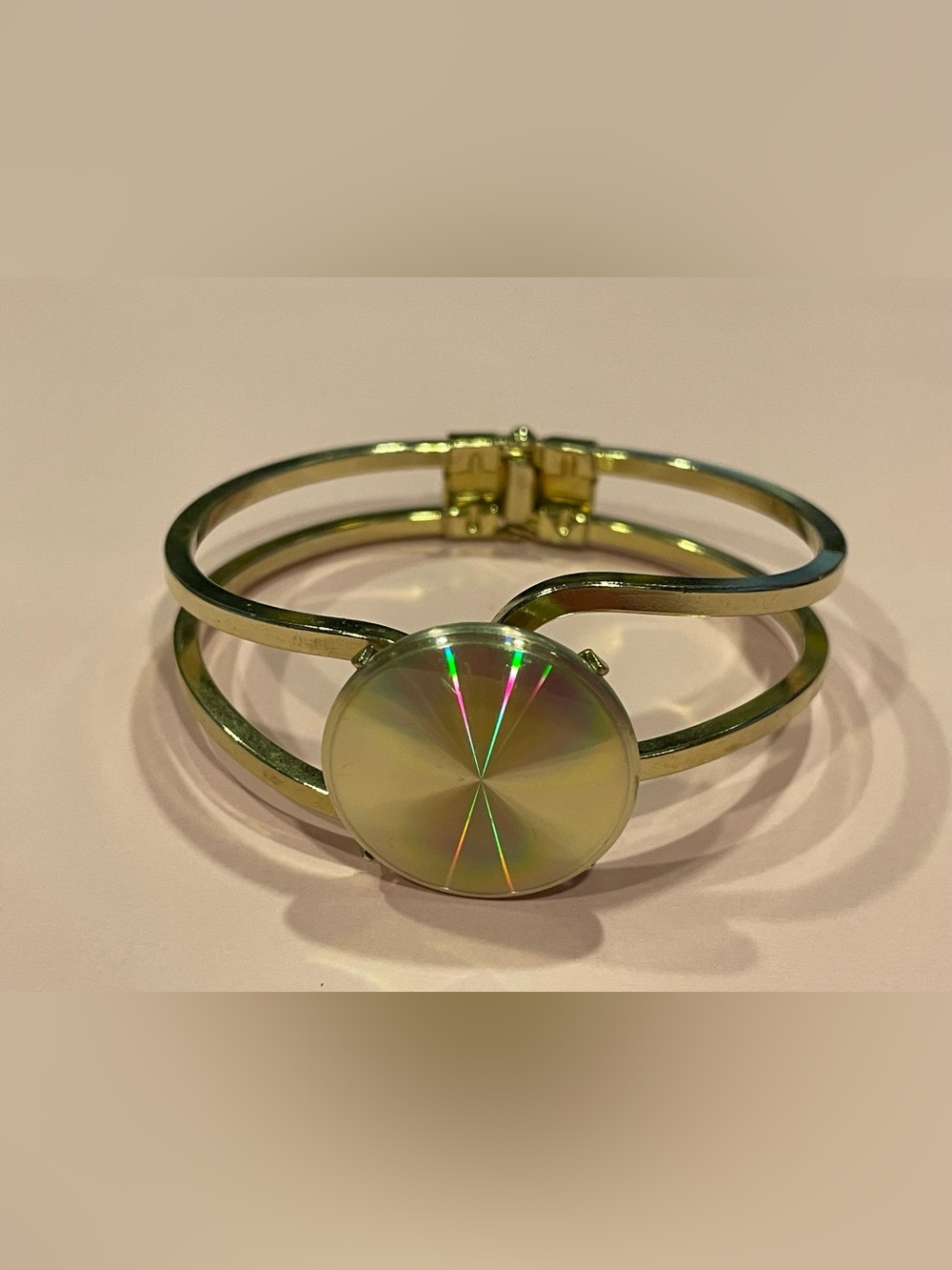 Vintage Iridescent Gold Tone Clamper Bangle Bracelet #6382